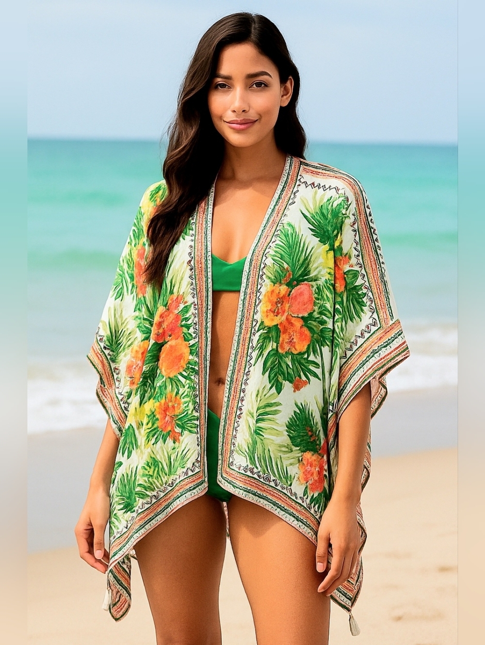Tropical Floral Kimono Green & Coral Accent Swimsuit Cover-up Wrap NWT Vacation